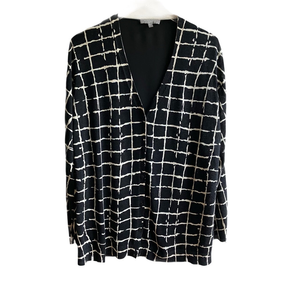 Neiman Marcus Cashmere Cardigan Sweater Size XL Windowpane V-Neck Black Silk